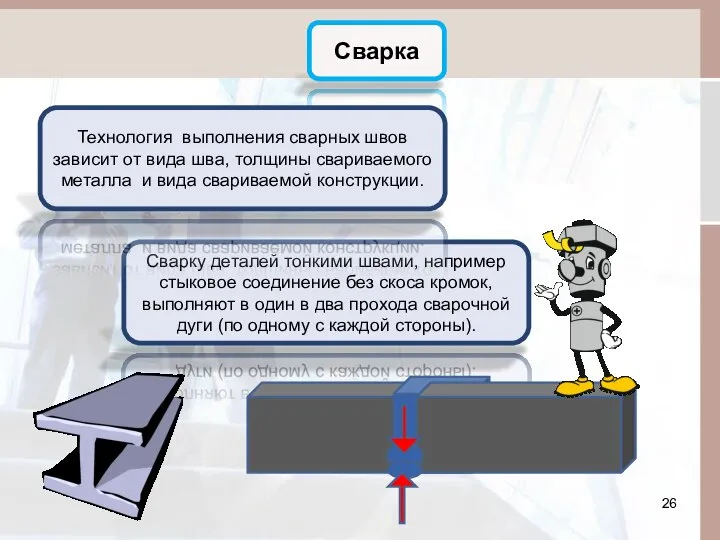 Сварка Сварку деталей тонкими швами, например стыковое соединение без скоса кромок,