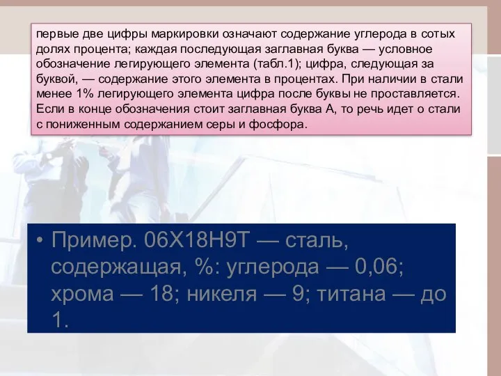 Пример. 06Х18Н9Т — сталь, содержащая, %: углерода — 0,06; хрома —