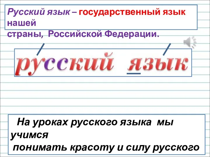 Русский язык – государственный язык нашей страны, Российской Федерации. На уроках