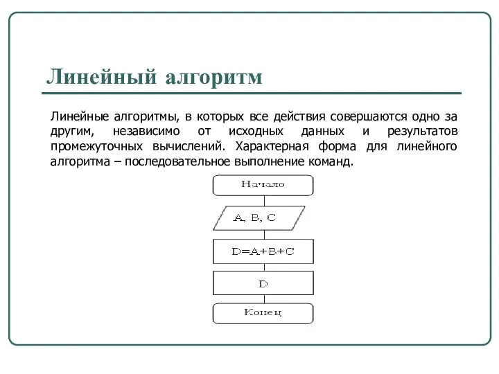 Линейный алгоритм Линейные алгоритмы, в которых все действия совершаются одно за