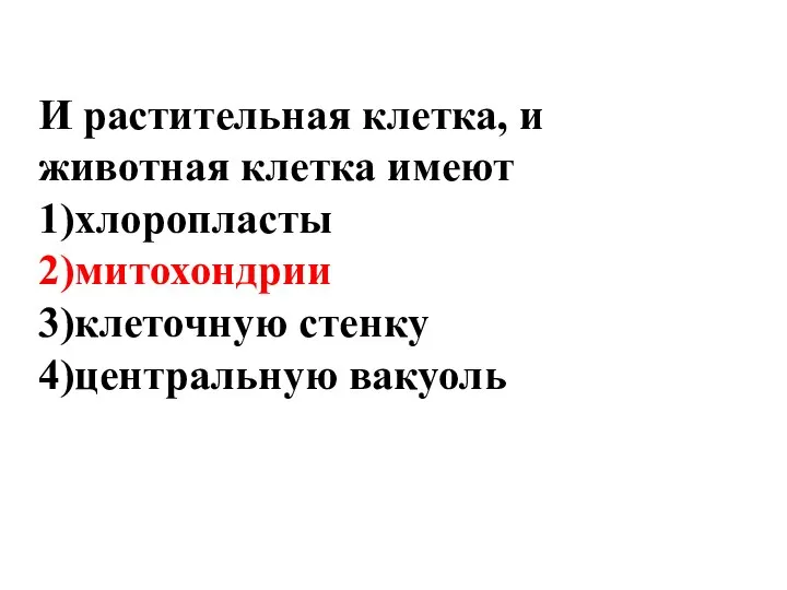 И растительная клетка, и животная клетка имеют 1)хлоропласты 2)митохондрии 3)клеточную стенку 4)центральную вакуоль