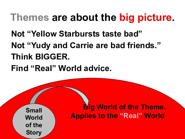 Themes are about the big picture. Not “Yellow Starbursts taste bad”