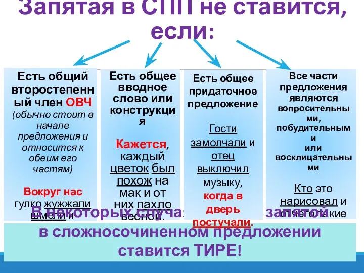 Запятая в СПП не ставится, если: Есть общий второстепенный член ОВЧ