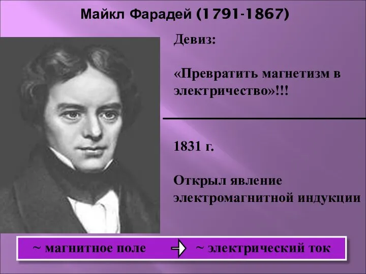 Майкл Фарадей (1791-1867) ~ магнитное поле ~ электрический ток