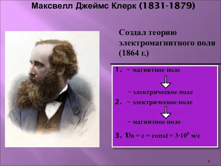 Максвелл Джеймс Клерк (1831-1879) ~ магнитное поле ~ электрическое поле ~