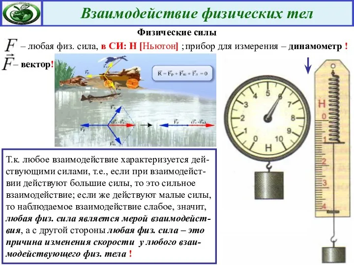 Физические силы Т.к. любое взаимодействие характеризуется дей-ствующими силами, т.е., если при