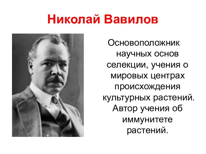 Николай Вавилов Основоположник научных основ селекции, учения о мировых центрах происхождения