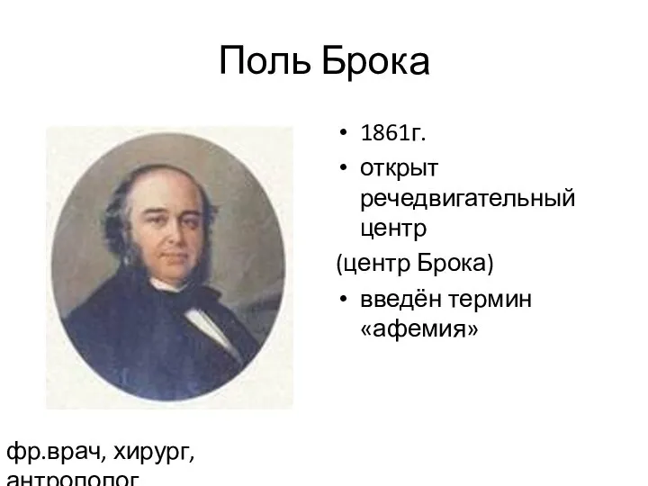 Поль Брока 1861г. открыт речедвигательный центр (центр Брока) введён термин «афемия» фр.врач, хирург,антрополог