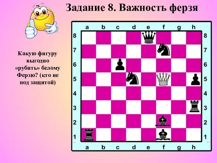 Задание 8. Важность ферзя Какую фигуру выгодно «рубить» белому Ферзю? (кто не под защитой)