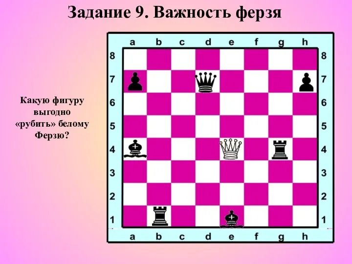 Задание 9. Важность ферзя Какую фигуру выгодно «рубить» белому Ферзю?