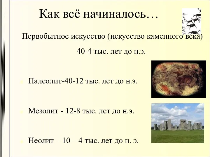 Как всё начиналось… Первобытное искусство (искусство каменного века) 40-4 тыс. лет