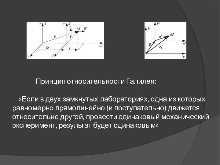 Принцип относительности Галилея: «Если в двух замкнутых лабораториях, одна из которых