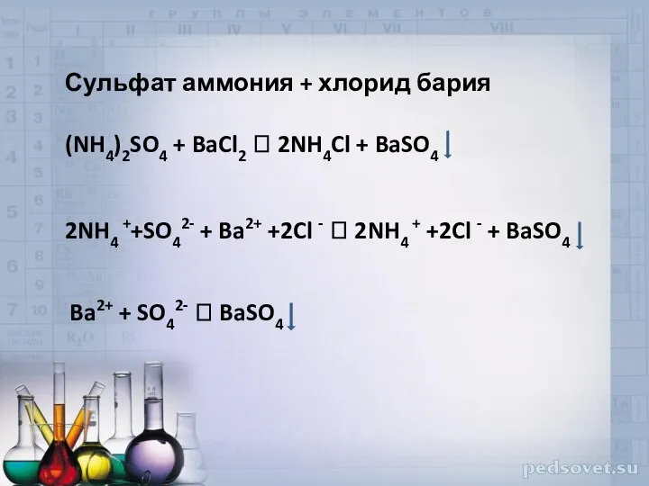 Сульфат аммония + хлорид бария (NH4)2SO4 + BaCl2 ? 2NH4Cl +