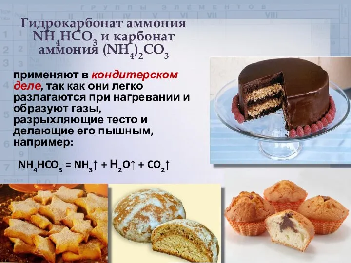 Гидрокарбонат аммония NH4HCO3 и карбонат аммония (NH4)2CO3 применяют в кондитерском деле,