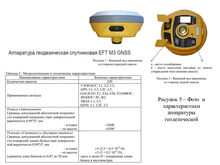 Рисунок 5 – Фото и характеристики аппаратуры геодезической