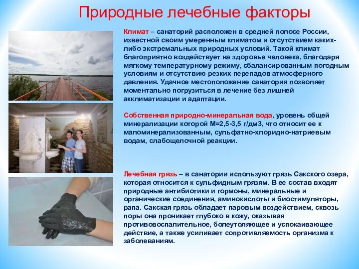 Природные лечебные факторы Климат – санаторий расположен в средней полосе России,