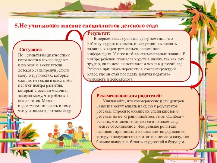 5.Не учитывают мнение специалистов детского сада Ситуация: По результатам диагностики готовности