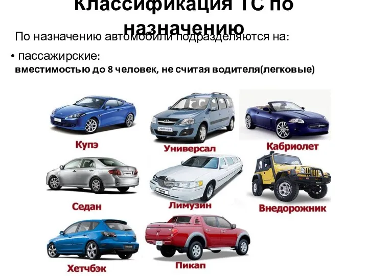 Классификация ТС по назначению По назначению автомобили подразделяются на: пассажирские: вместимостью