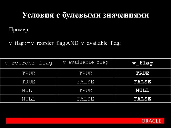 Условия с булевыми значениями Пример: v_flag := v_reorder_flag AND v_available_flag;