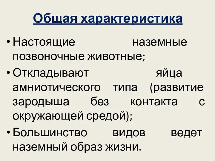 Общая характеристика Настоящие наземные позвоночные животные; Откладывают яйца амниотического типа (развитие