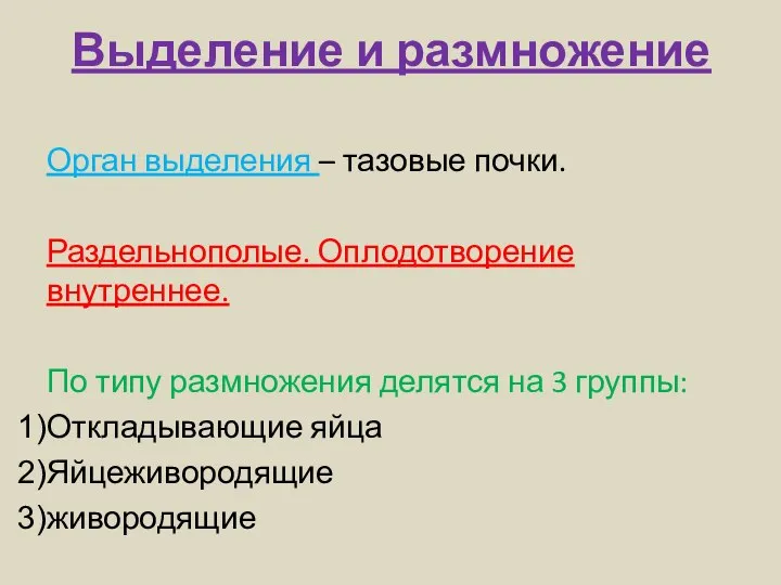 Выделение и размножение Орган выделения – тазовые почки. Раздельнополые. Оплодотворение внутреннее.