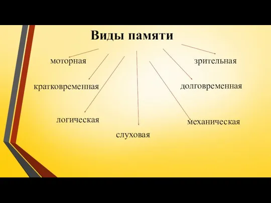 Виды памяти долговременная кратковременная механическая логическая зрительная моторная слуховая