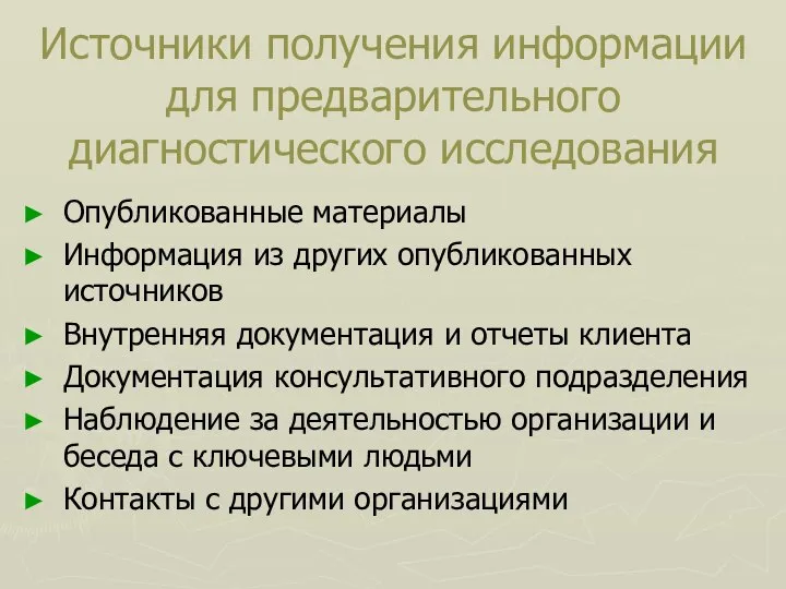 Источники получения информации для предварительного диагностического исследования Опубликованные материалы Информация из