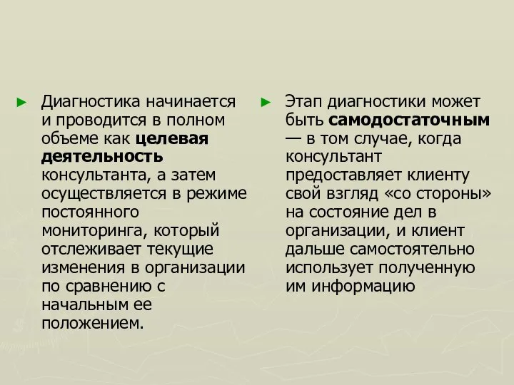 Диагностика начинается и проводится в полном объеме как целевая деятельность консультанта,