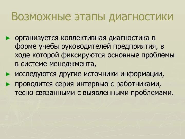 Возможные этапы диагностики организуется коллективная диагностика в форме учебы руководителей предприятия,