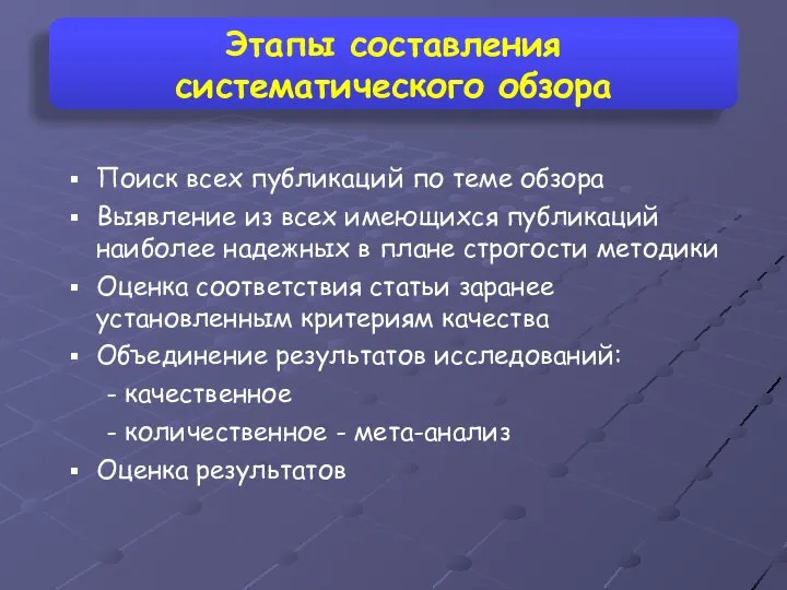 Этапы составления систематического обзора Поиск всех публикаций по теме обзора Выявление