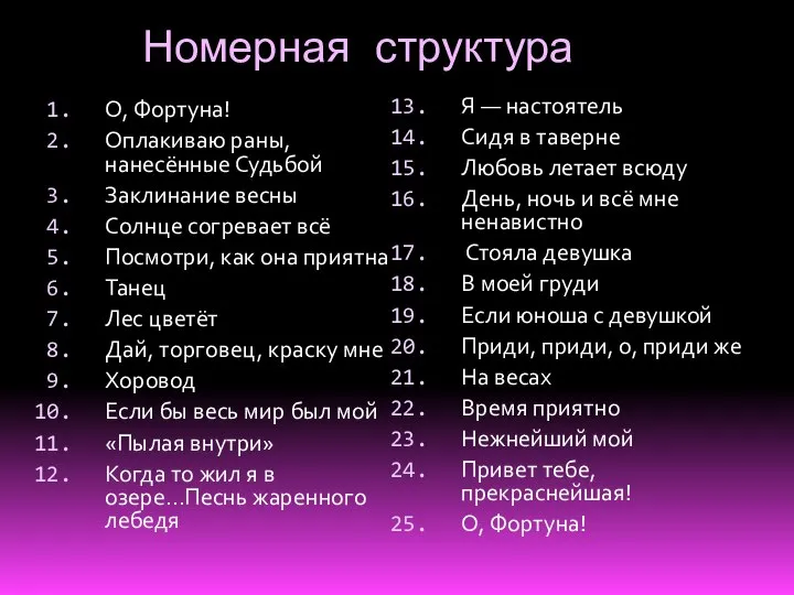 Номерная структура О, Фортуна! Оплакиваю раны, нанесённые Судьбой Заклинание весны Солнце