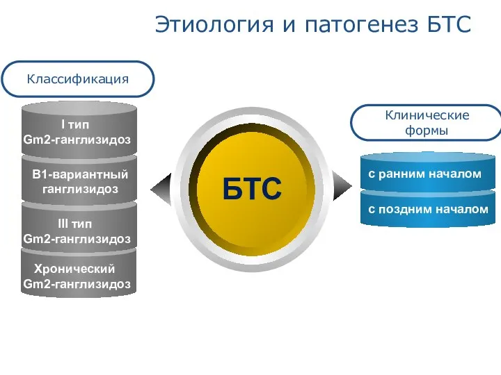 Этиология и патогенез БТС Хронический Gm2-ганглизидоз Классификация