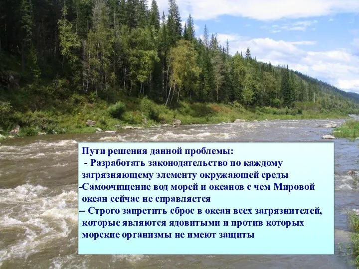 - Пути решения данной проблемы: - Разработать законодательство по каждому загрязняющему