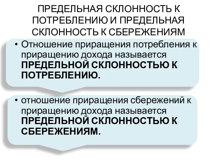 ПРЕДЕЛЬНАЯ СКЛОННОСТЬ К ПОТРЕБЛЕНИЮ И ПРЕДЕЛЬНАЯ СКЛОННОСТЬ К СБЕРЕЖЕНИЯМ Отношение приращения