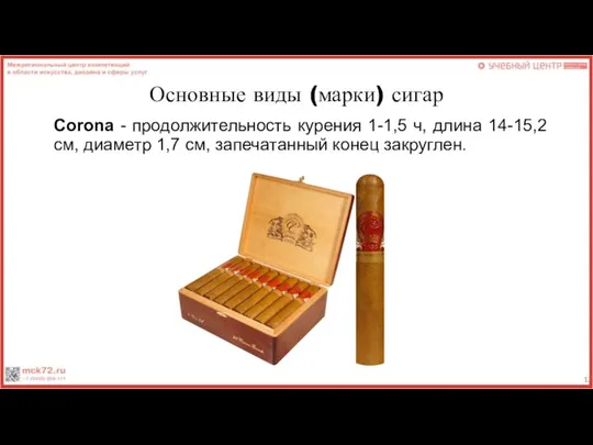 Основные виды (марки) сигар Corona - продолжительность курения 1-1,5 ч, длина