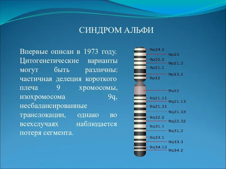 СИНДРОМ АЛЬФИ Впервые описан в 1973 году. Цитогенетические варианты могут быть