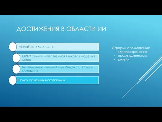 ДОСТИЖЕНИЯ В ОБЛАСТИ ИИ Сферы использования: здравоохранение промышленность ритейл