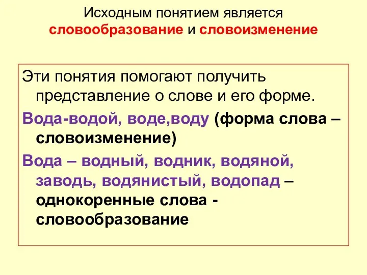 Исходным понятием является словообразование и словоизменение Эти понятия помогают получить представление