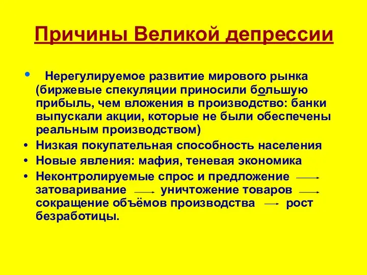 Причины Великой депрессии Нерегулируемое развитие мирового рынка (биржевые спекуляции приносили большую