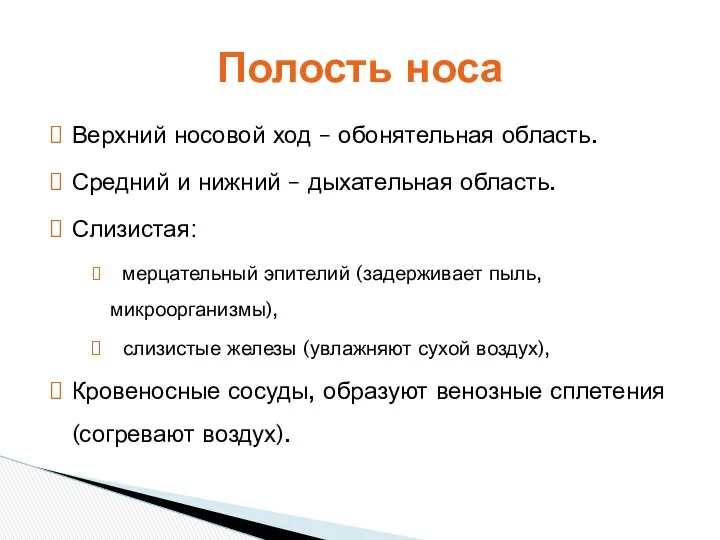 Верхний носовой ход – обонятельная область. Средний и нижний – дыхательная