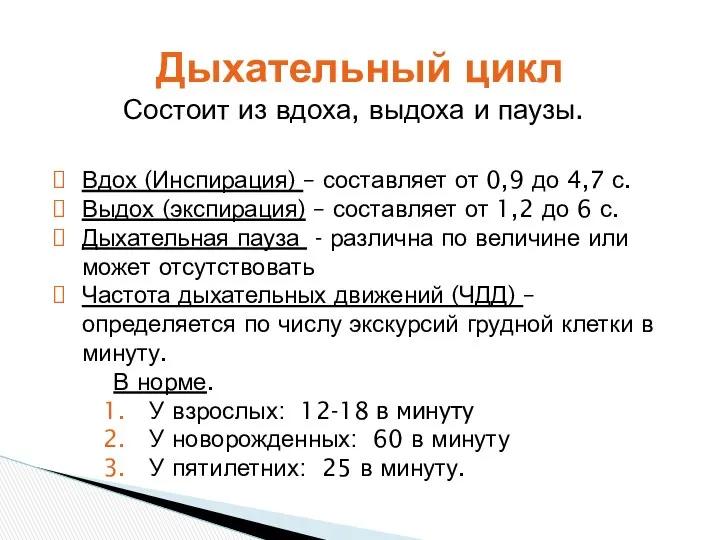 Состоит из вдоха, выдоха и паузы. Дыхательный цикл Вдох (Инспирация) –