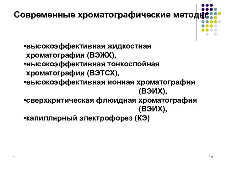 * высокоэффективная жидкостная хроматография (ВЭЖХ), высокоэффективная тонкослойная хроматография (ВЭТСХ), высокоэффективная ионная