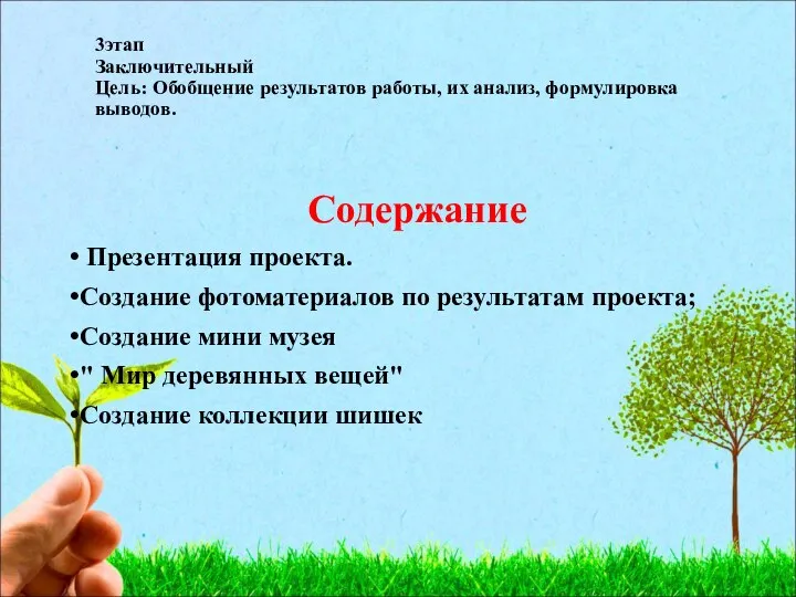 3этап Заключительный Цель: Обобщение результатов работы, их анализ, формулировка выводов. Содержание