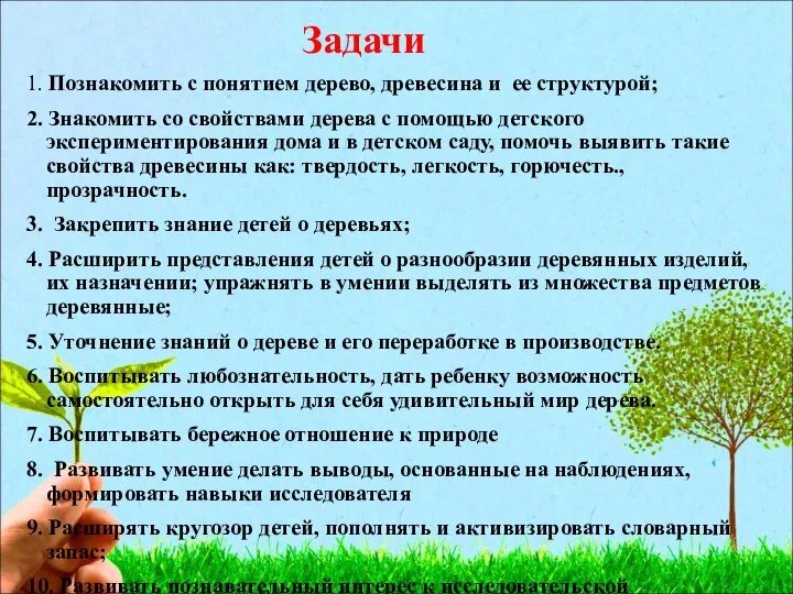 Задачи 1. Познакомить с понятием дерево, древесина и ее структурой; 2.