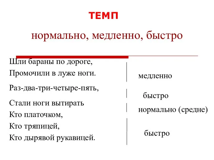 нормально, медленно, быстро Шли бараны по дороге, Промочили в луже ноги.