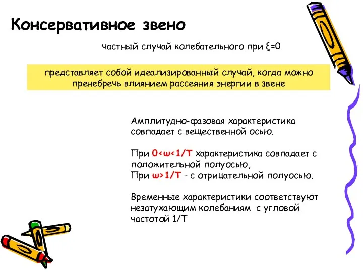 Консервативное звено частный случай колебательного при ξ=0 представляет собой идеализированный случай,