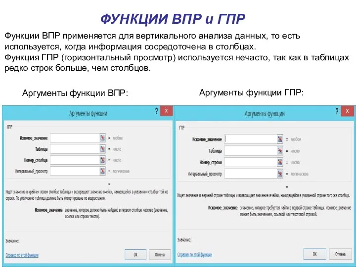 ФУНКЦИИ ВПР и ГПР Аргументы функции ВПР: Аргументы функции ГПР: Функции