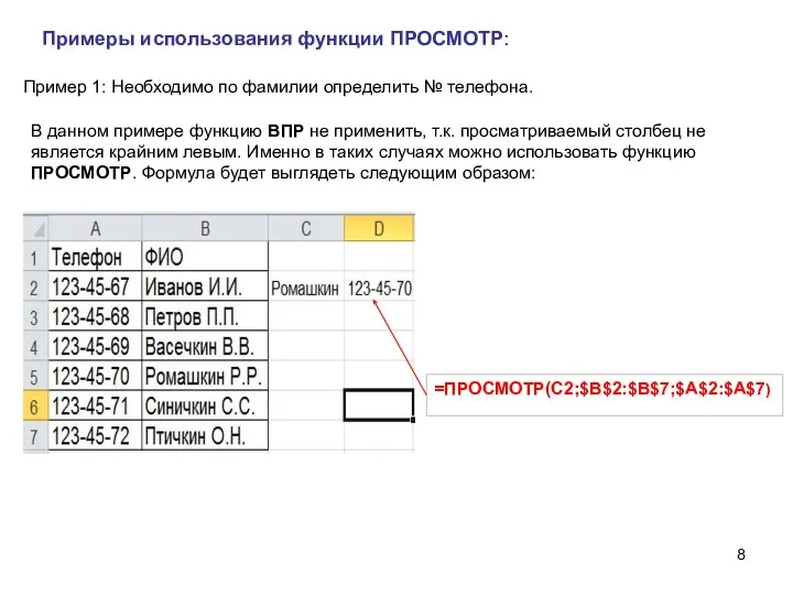 Пример 1: Необходимо по фамилии определить № телефона. В данном примере