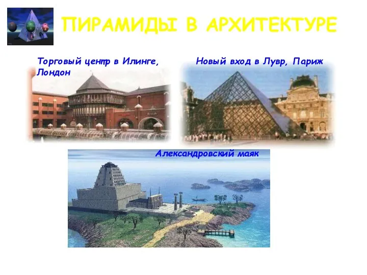 ПИРАМИДЫ В АРХИТЕКТУРЕ Новый вход в Лувр, Париж Торговый центр в Илинге, Лондон Александровский маяк