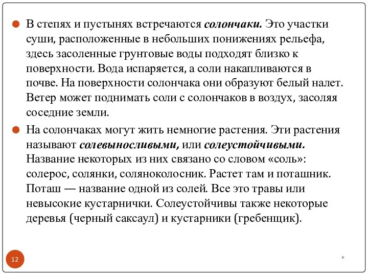 * В степях и пустынях встречаются солончаки. Это участки суши, расположенные